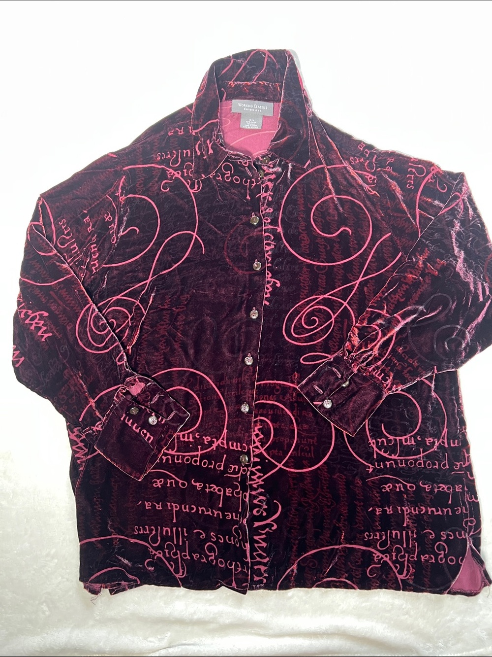 Design & Co Womens Burgundy Velvet Button-Up Long Sleeve Collared Size XL